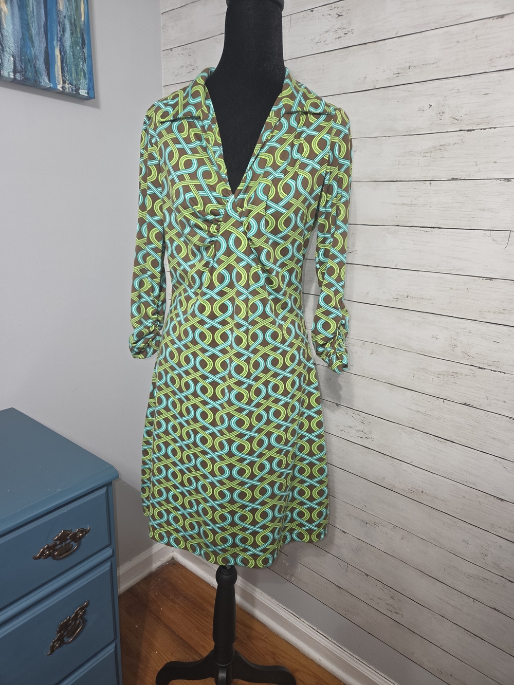 Geometric Lime Green, Teal, & Brown Midi V-neck Dress, Small, Vintage